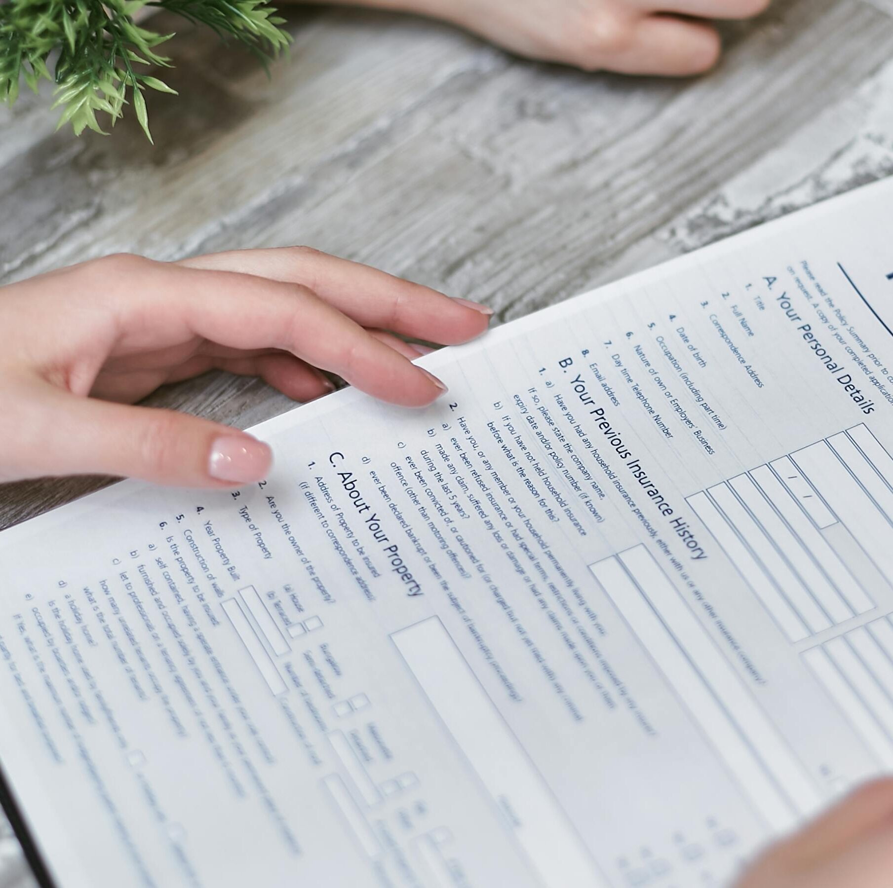 Close-up of hands holding a home insurance document indoors, showing personal details section.