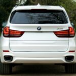 Rear view of a parked BMW X5 in a lush, green outdoor setting, illustrating luxury transportation.